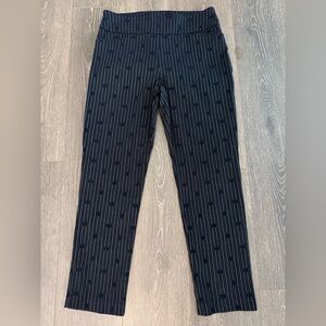 Attyre SZ10 dark Navy White Striped Pants w/dot print. Straight leg ankle length